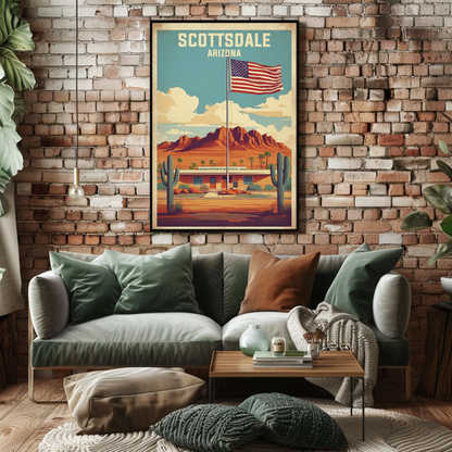 Scottsdale Arizona Desert Flag Cactus Vintage Travel Poster