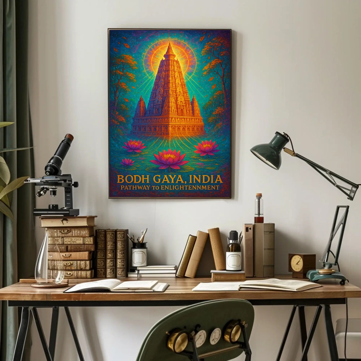 Bodh Gaya Spiritual Enlightenment Poster with Lotus Flowers