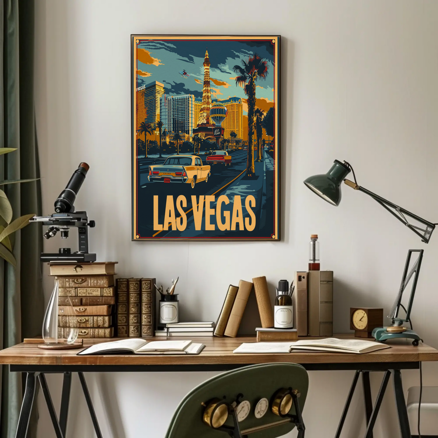 Las Vegas Neon Strip Vintage Cars Skyline Travel Poster
