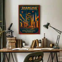 Vibrant Shanghai Cityscape with Dragon Mythology Urban Poster PosterGoat