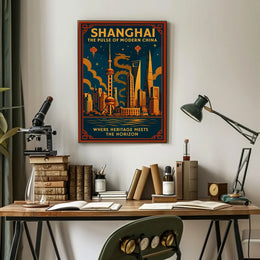 Vibrant Shanghai Cityscape with Dragon Mythology Urban Poster PosterGoat