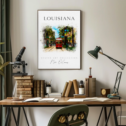 New Orleans Louisiana Streetcar Watercolor Art Poster