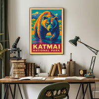 Katmai National Park Vintage Bear Adventure Wildlife Poster