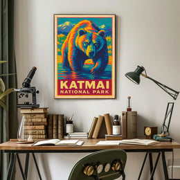 Katmai National Park Vintage Bear Adventure Wildlife Poster