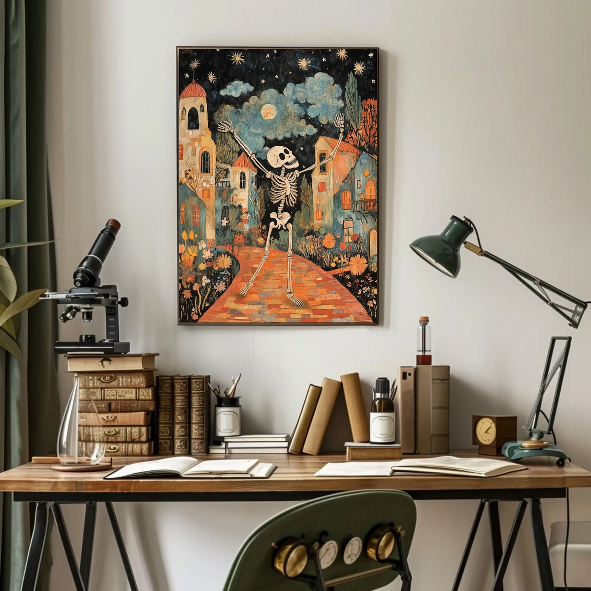 Dancing Skeleton Joyful Starry Night Whimsical Poster
