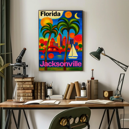 Jacksonville Florida Vibrant Skyline With Sailboat Travel Poster