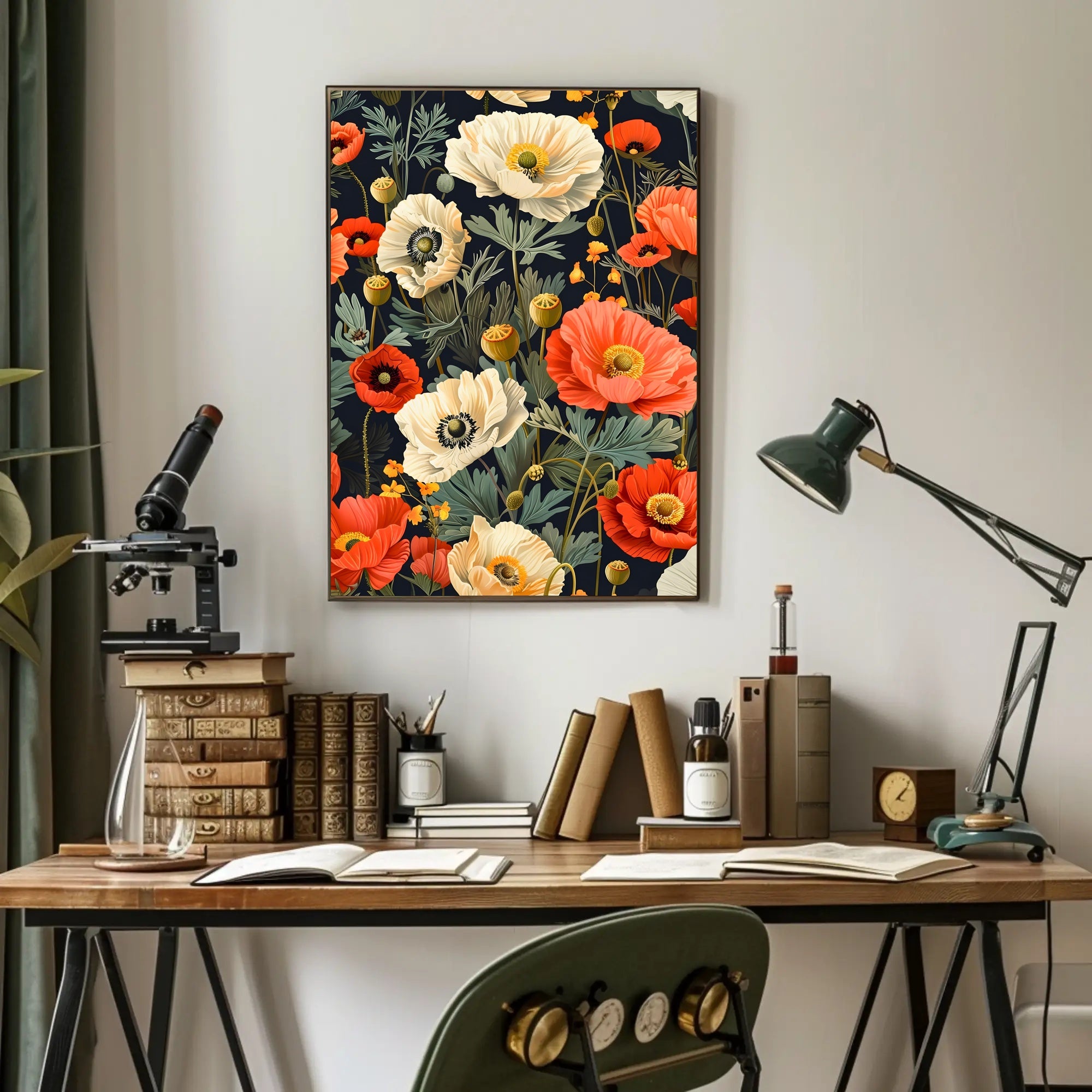 Lush Botanical Garden Scene with Poppies Artistic Poster