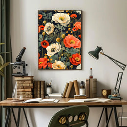 Lush Botanical Garden Scene with Poppies Artistic Poster