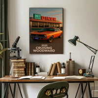 Classic Muscle Car and Diner Scene Retro Travel Poster