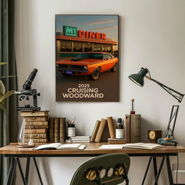 Classic Muscle Car and Diner Scene Retro Travel Poster