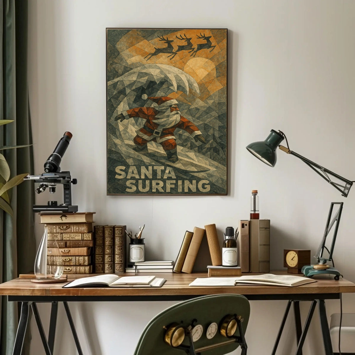 Santa Surfing Holiday Poster with Reindeer Silhouettes