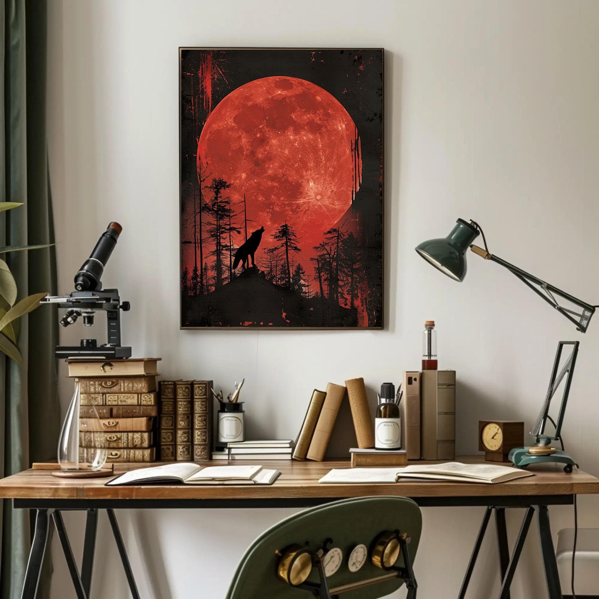 Wolf Howling Under Blood Moon Art Poster PosterGoat