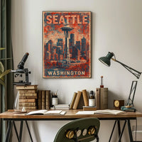 Seattle Space Needle Retro Urban Cityscape Travel Poster