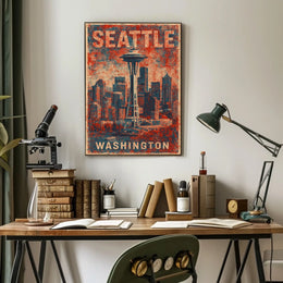 Seattle Space Needle Retro Urban Cityscape Travel Poster