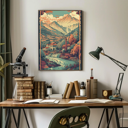 Alpine Village Waterfall And Peaks Travel Poster