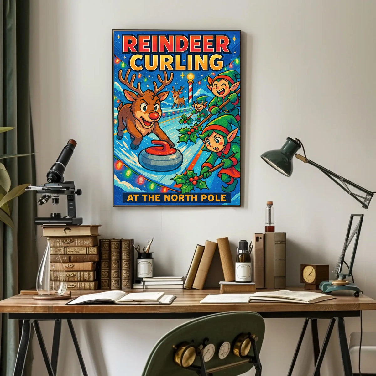 Reindeer Curling at the North Pole Poster