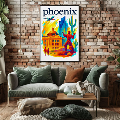 Phoenix Capitol Cactus Statue Airplane Desert Vintage Travel Poster