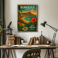 Honolulu Vintage Travel Poster Tropical Paradise Adventure
