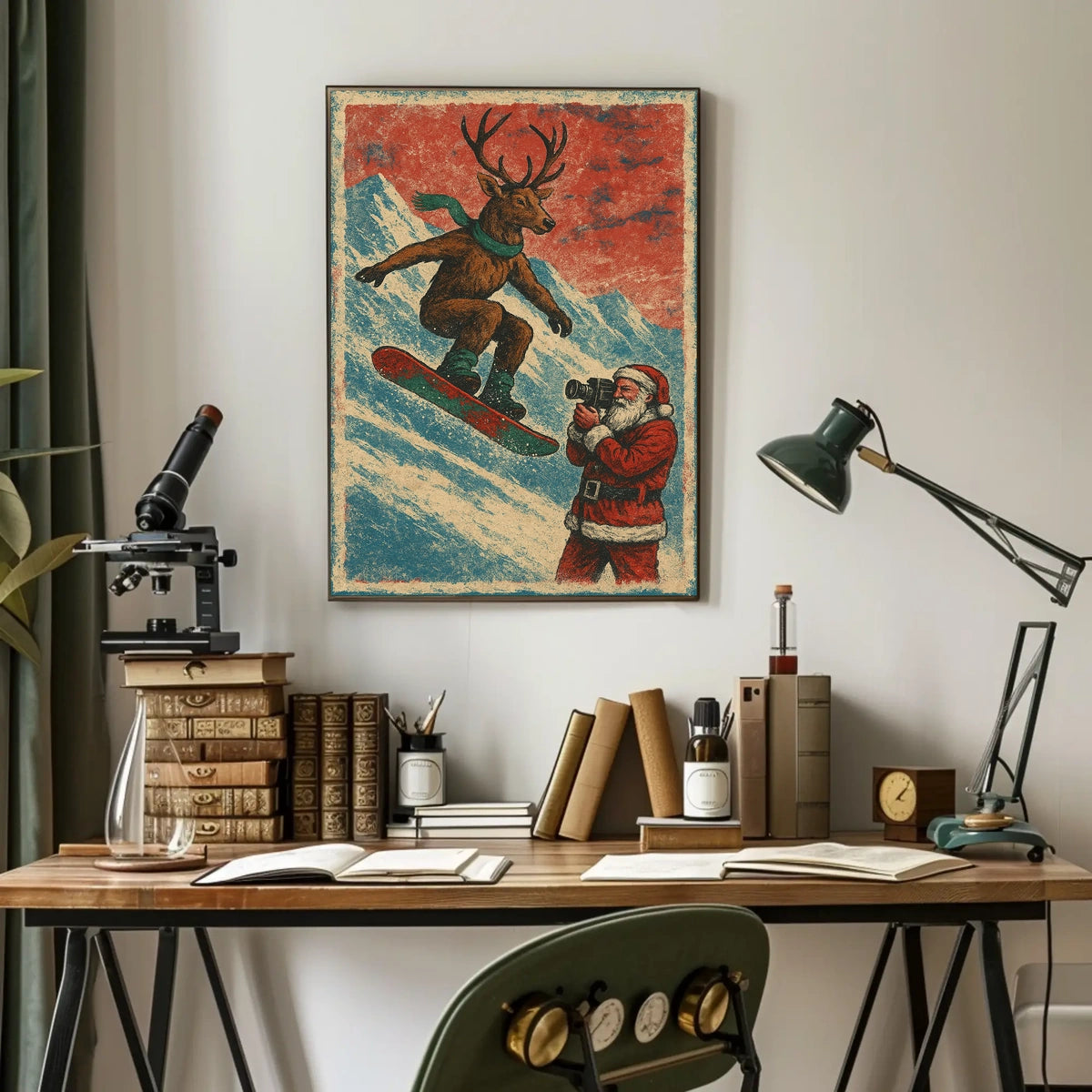 Whimsical Reindeer Snowboarding Vintage Christmas Poster