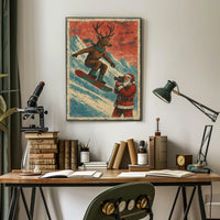 Whimsical Reindeer Snowboarding Vintage Christmas Poster
