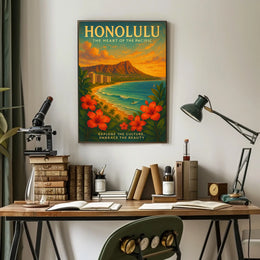 Honolulu Vintage Travel Poster Tropical Beachfront Art