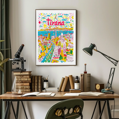 Tirana Albania Colorful Cityscape and Boulevard Travel Poster