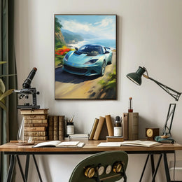 Modern Sports Car Coastal Adventure: Artistic Poster