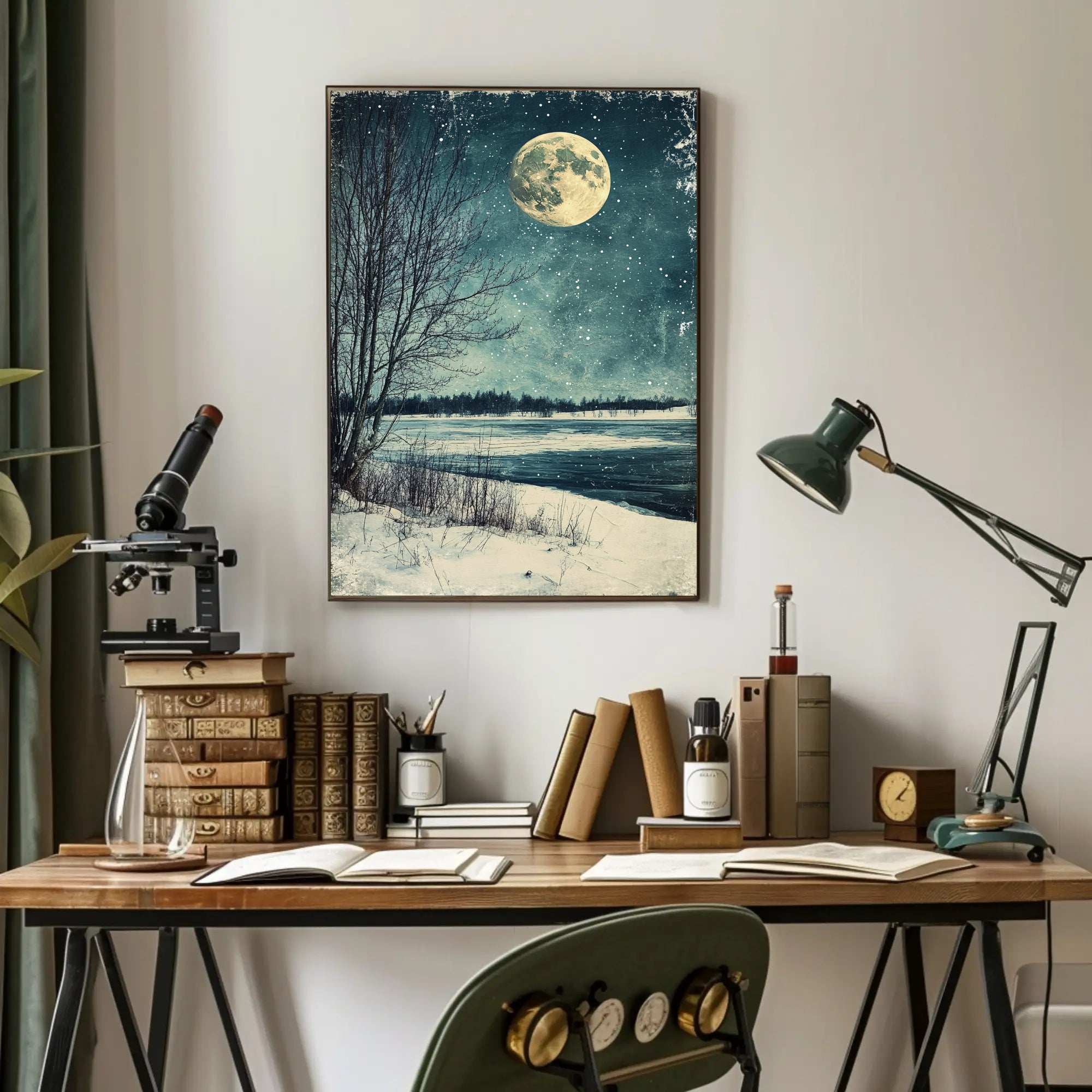 Serene Winter Moonlight Landscape Vintage Art Poster