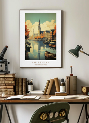Amsterdam Netherlands Canal Autumn Reflections Travel Poster