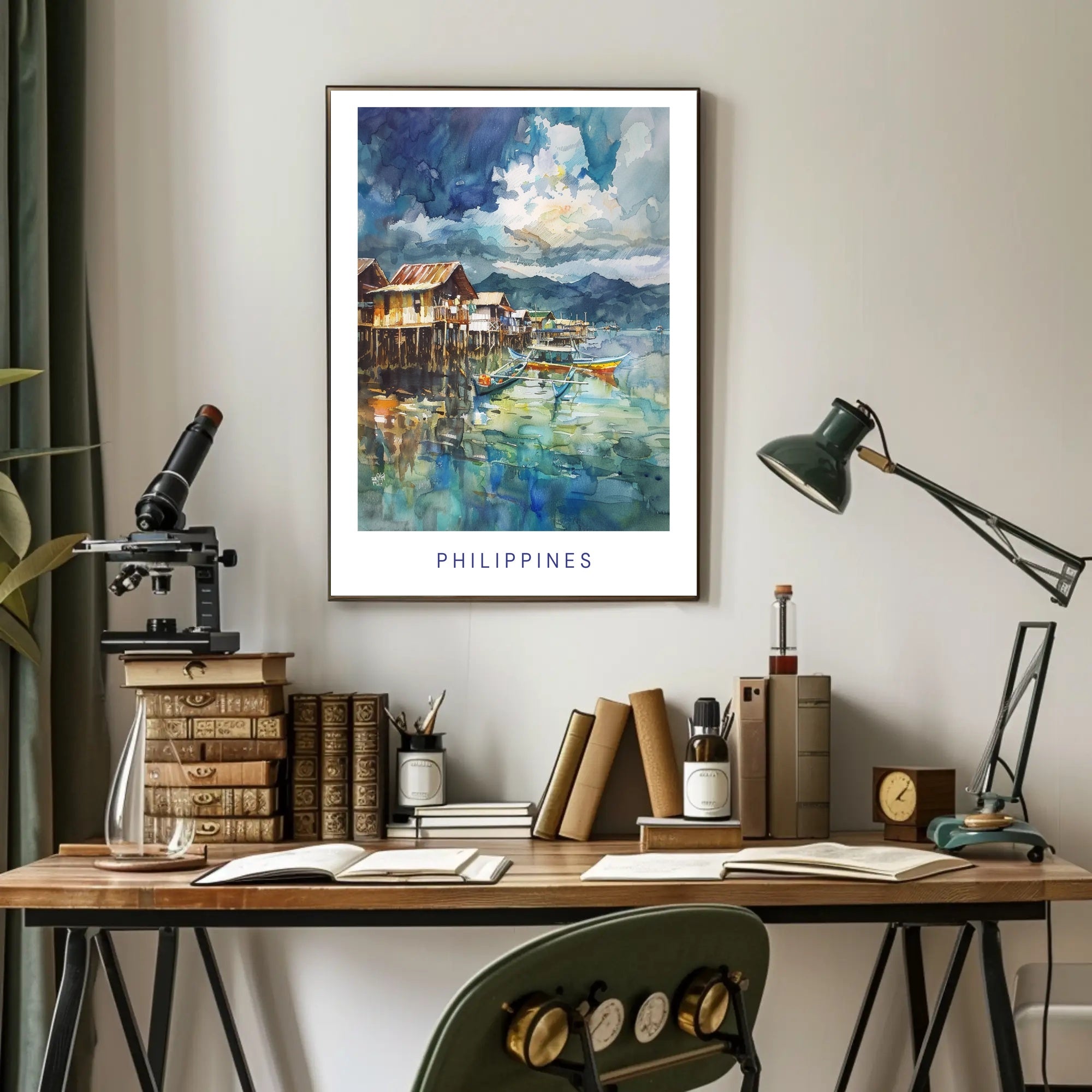 Tranquil Philippine Coastal Scene Watercolor Travel Poster PosterGoat