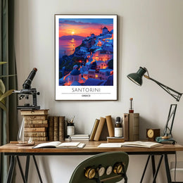 Santorini Sunset Romance Scenic Travel Poster