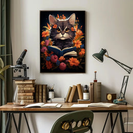 Whimsical Cat Portrait with Vibrant Floral Accents