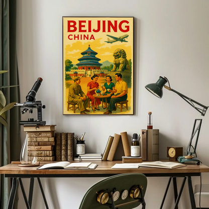 Beijing China Temple Street Scene Travel Poster