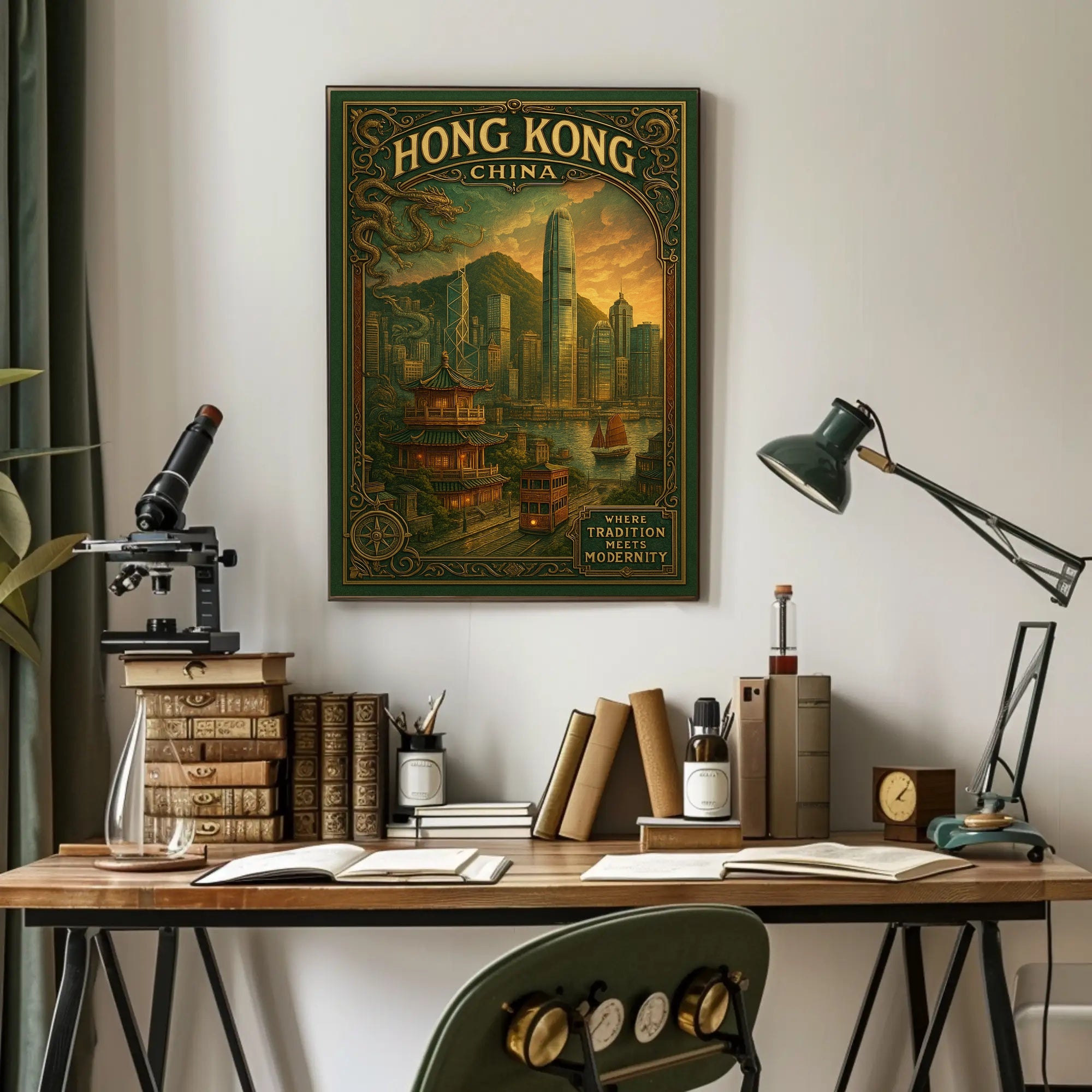 Hong Kong Tradition Meets Modern Cityscape Travel Poster