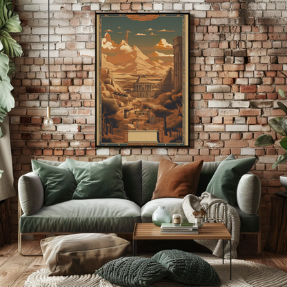 Egyptian Temple Statues Desert Mountains Vintage Travel Poster