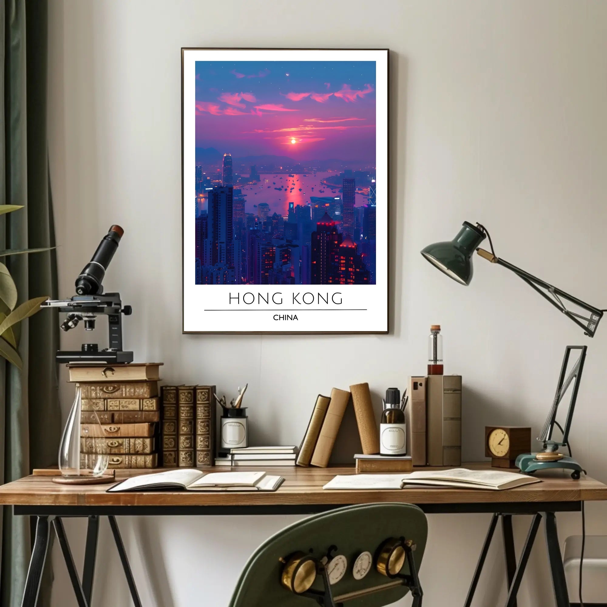Vibrant Hong Kong Sunset Cityscape Urban Poster