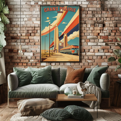 Grand Prairie Texas Train Towers Streamline Vintage Travel Poster