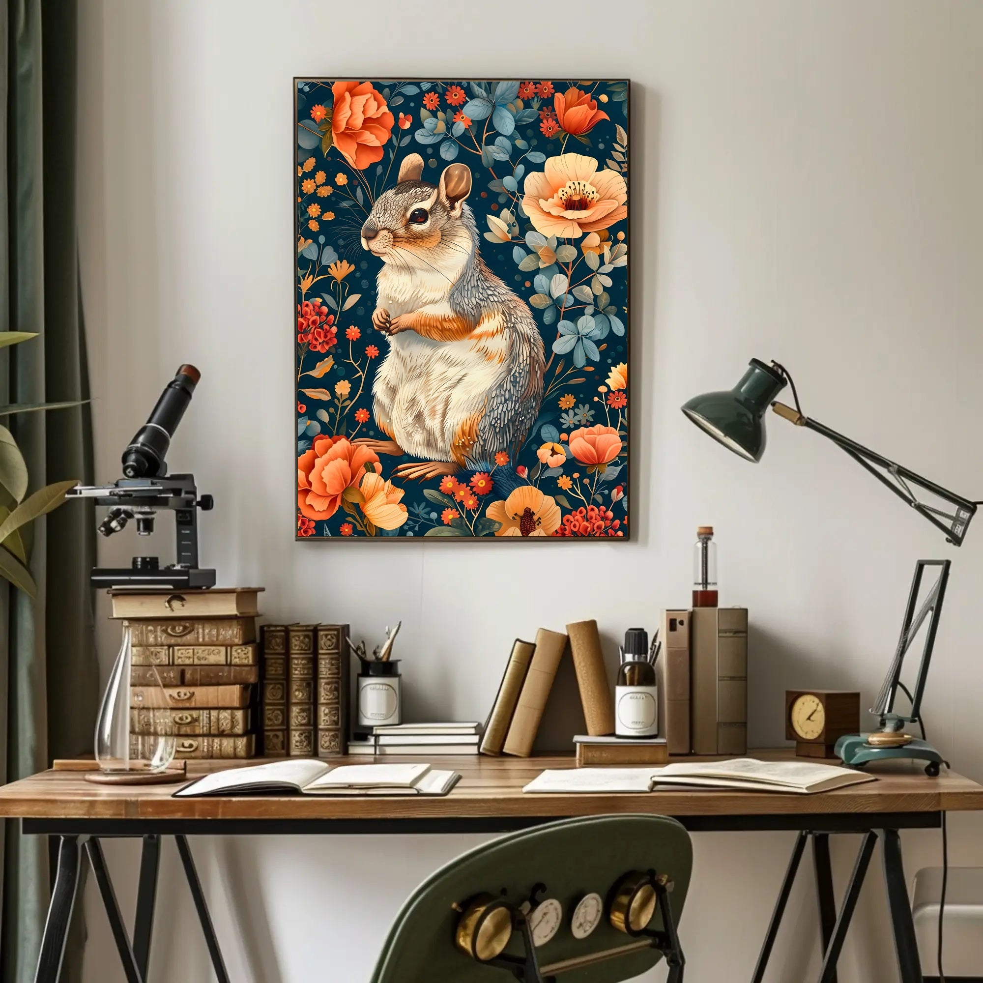 Whimsical Squirrel and Flowers Vibrant Animal Poster