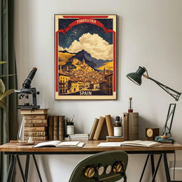 Pamplona Vintage Cityscape Night Sky Travel Poster