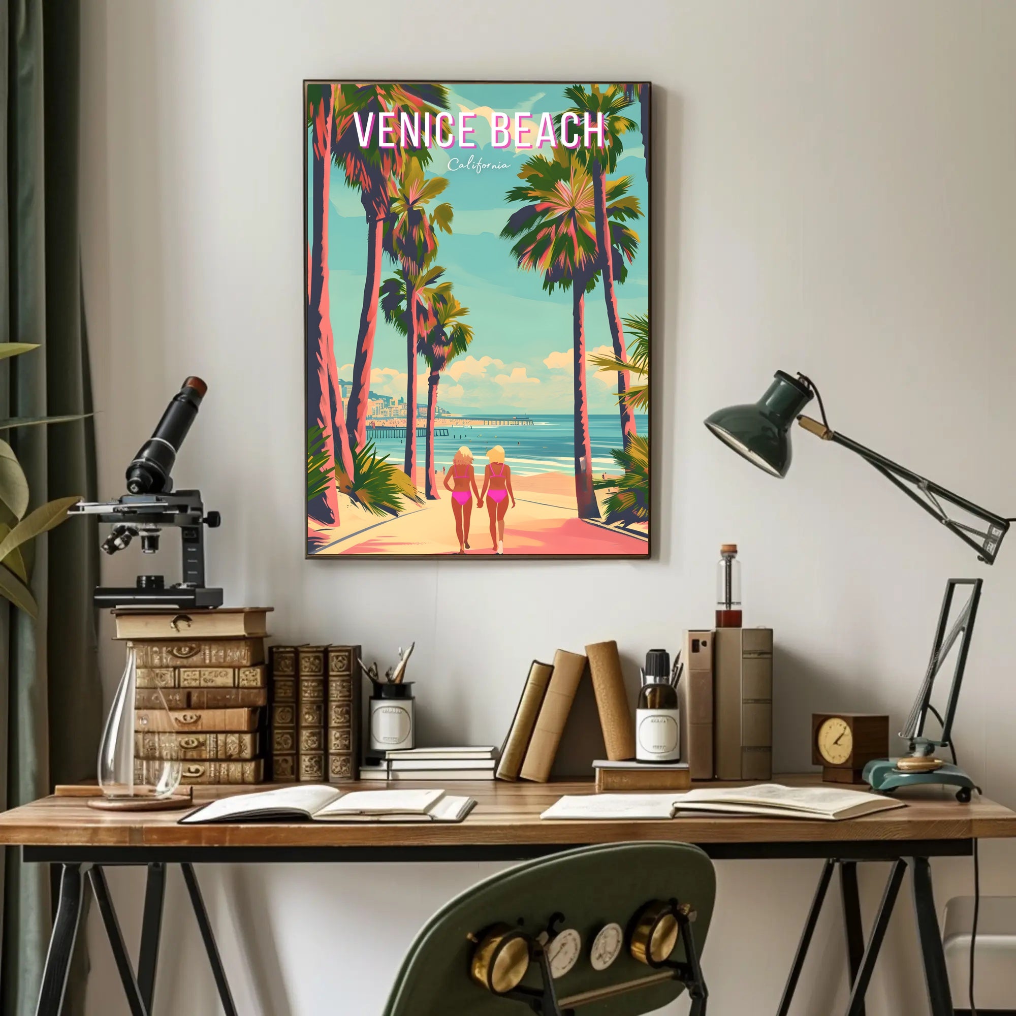Venice Beach Vintage Travel Art with Palm Trees Scene Travel Poster