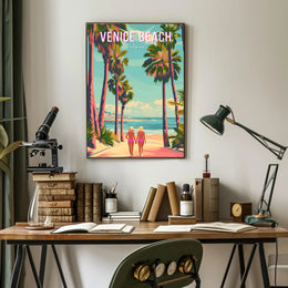 Venice Beach Vintage Travel Art with Palm Trees Scene Travel Poster
