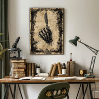The poster features a skeletal hand gripping a quill pen, creating a strong Travel Poster