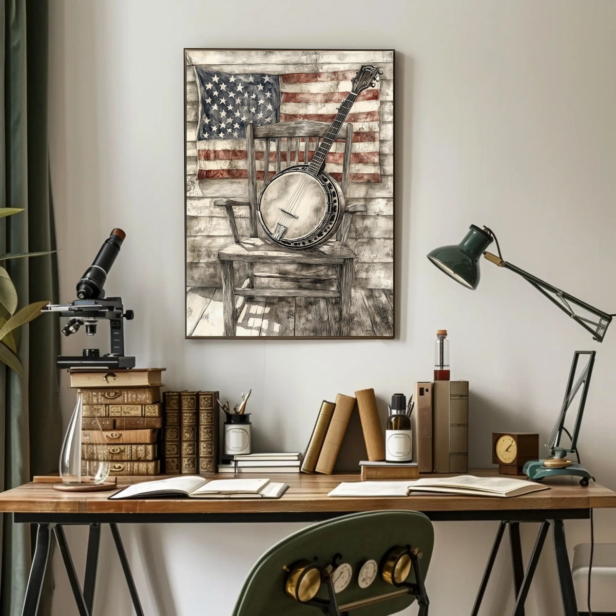 Vintage Banjo On Rustic Chair With American Flag Poster