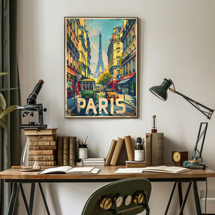 Vintage Parisian Street with Eiffel Tower Travel Poster