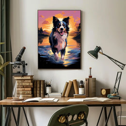 Cheerful Dog at Sunset Landscape Artistic Animal Poster