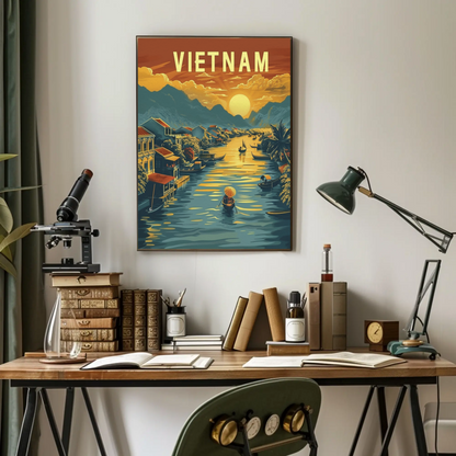 Vietnam River Sunset Floating Village Travel Poster