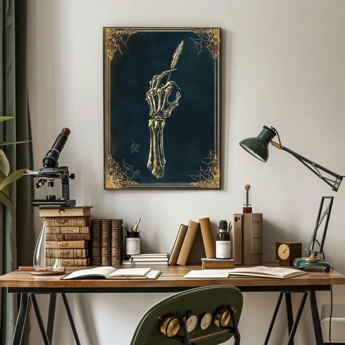 The poster depicts a skeletal hand holding a quill pen, set against a Travel Poster