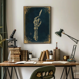 The poster depicts a skeletal hand holding a quill pen, set against a Travel Poster