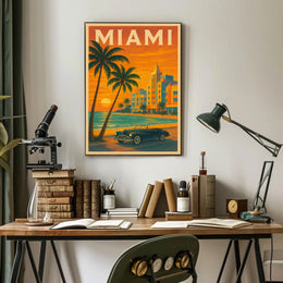 Miami Sunset Convertible - Vintage Travel Poster