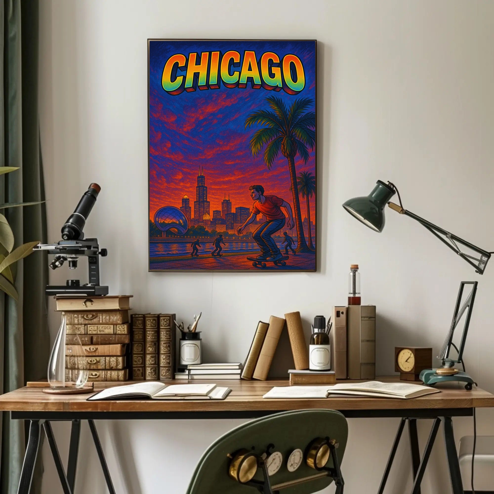 Skateboarding at Sunset in Vibrant Urban Cityscape Poster PosterGoat
